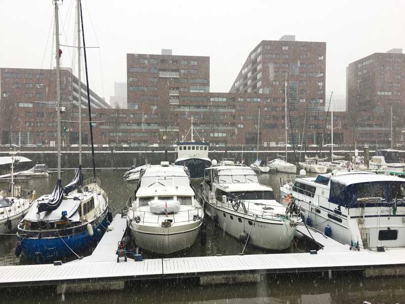 Die Rotterdam City Marina liegt unter einer Schneedecke