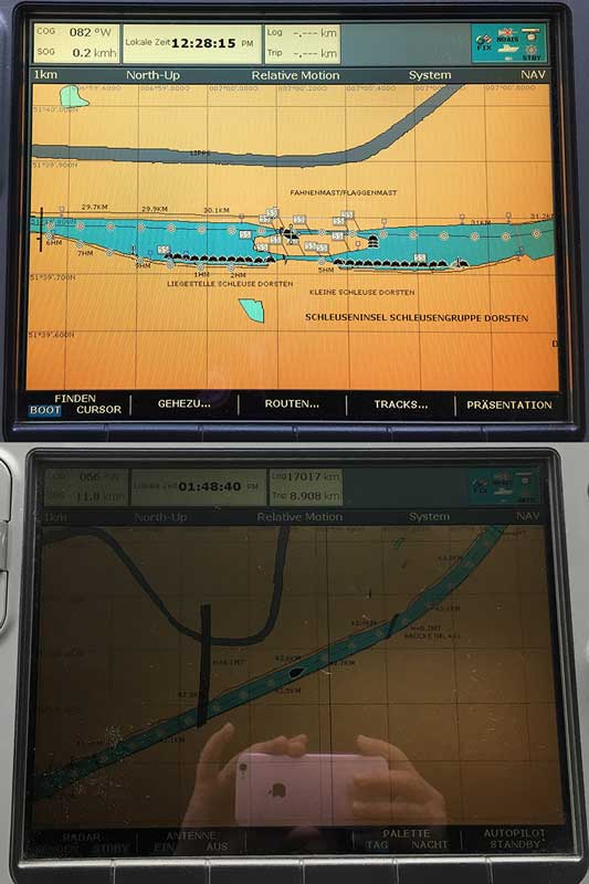 Oben das Bild vom Raymarine Display, wie es normal aussehen sollte. Unten, 80 Minuten später, ist es bereits ziemlich dunkel.