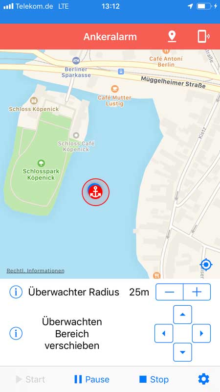 Screenshot mit Karte der Ankerwache App "Ankeralarm" zur Überwachung der Position des Bootes während des Ankerns