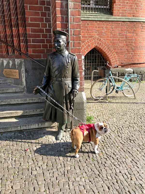 Die englische Bulldogge ist mit einer Hundeleine am Arm der Statue des Hauptmann von Köpenick vor dem Rathaus festgemacht und schaut in die Kamera - Köpenick bei Berlin