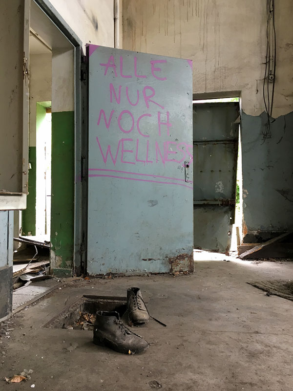 Alle nur noch Wellness, sagt ein pinkfarbenes Grafitto auf einer graublauen Metalltür in der ehemaligen Maschinenhalle der Landesirrenanstalt Teupitz, Brandenburg, südlich von Berlin - Lost Places